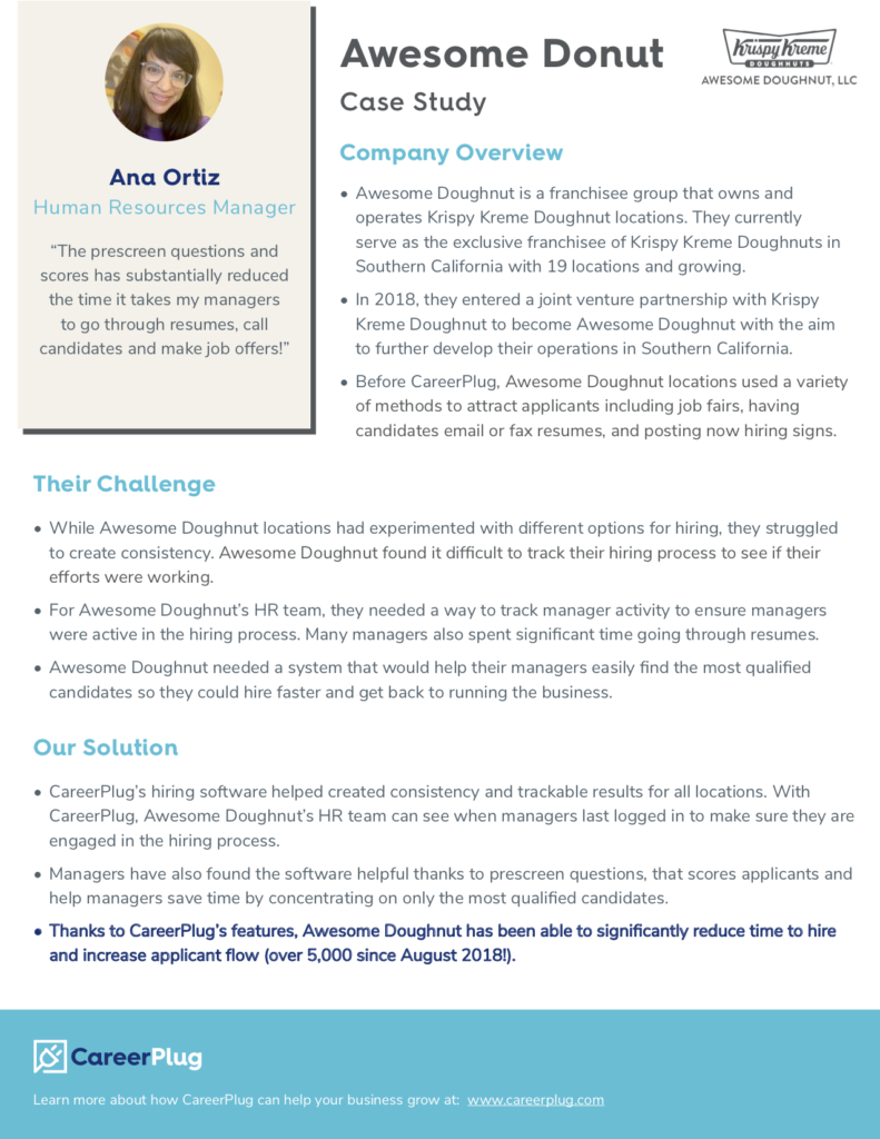 Case study describing Ana Ortiz's hiring success with CareerPlug