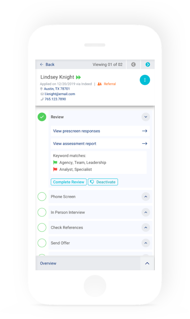 Mobile screenshot of Applicant Verification functionality