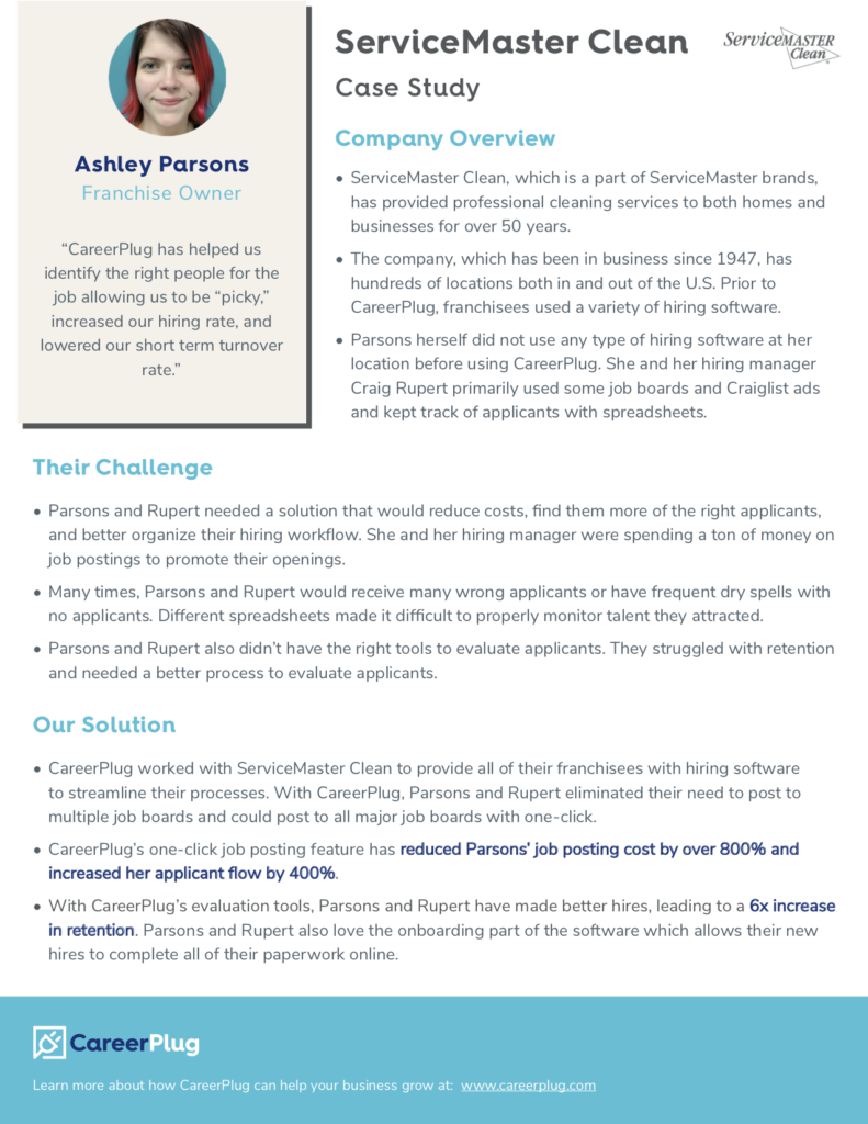 Case study describing the hiring success that Ashley Parsons, Franchise Owner with ServiceMaster Clean, has had with CareerPlug's hiring software