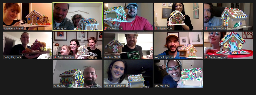 CareerPlug team on a video call, each person holding up a decorated gingerbread house