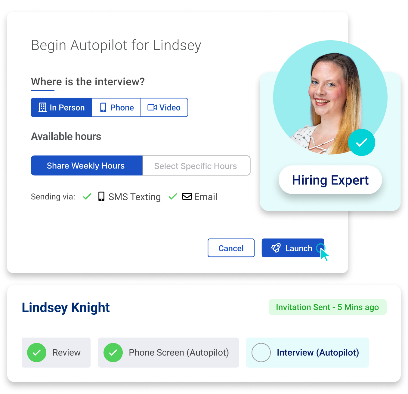 A CareerPlug Hiring Expert helps launch Autopilot and send an interview invitation to Lindsey Knight.