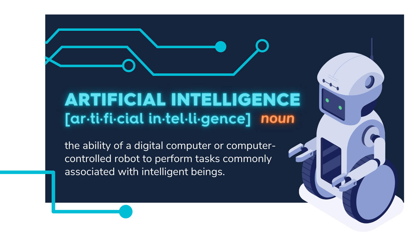 Dictionary-style definition of artificial intelligence next to an illustrated robot