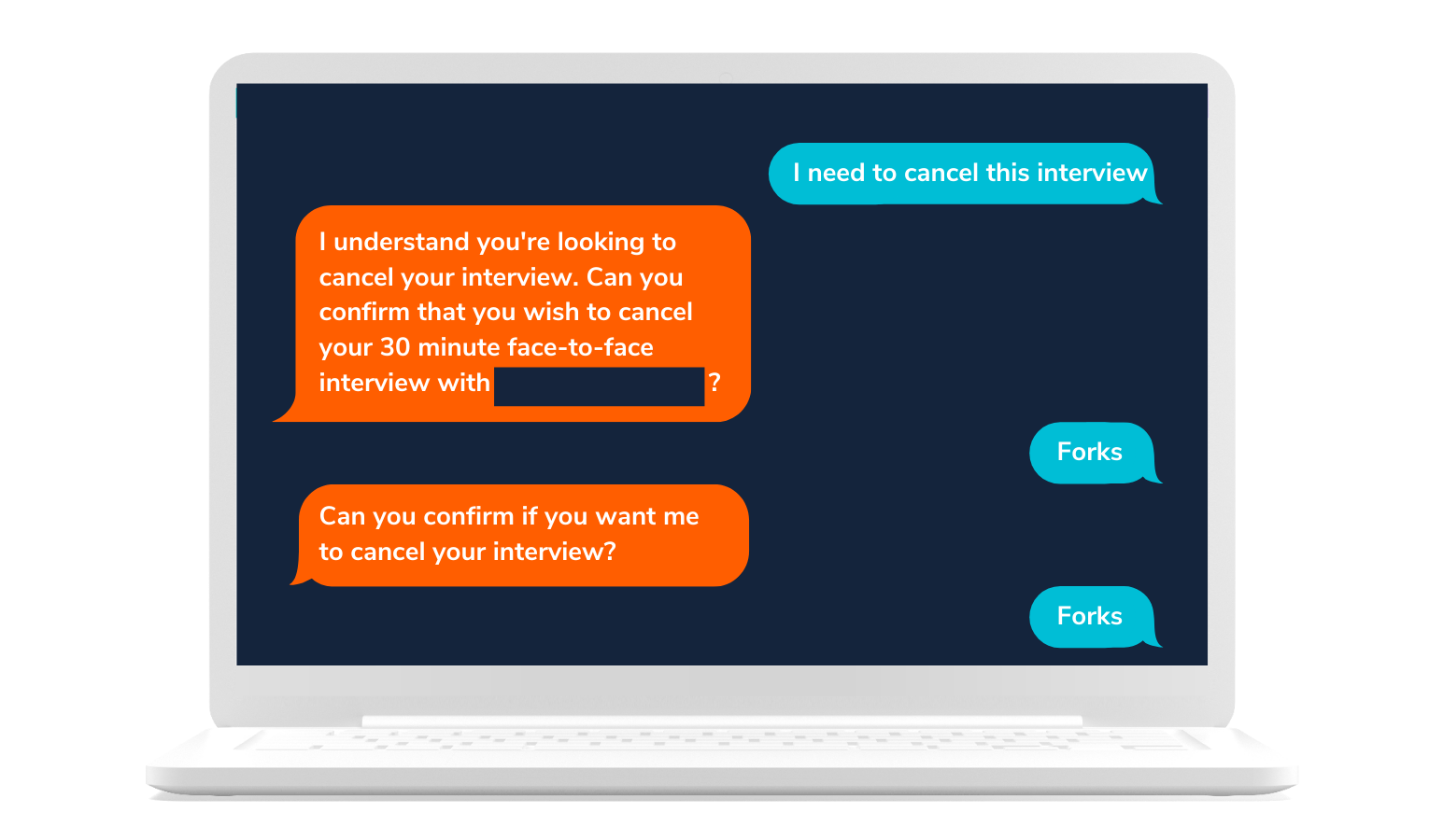 Laptop screen showing a chatbot conversation about cancelling an interview