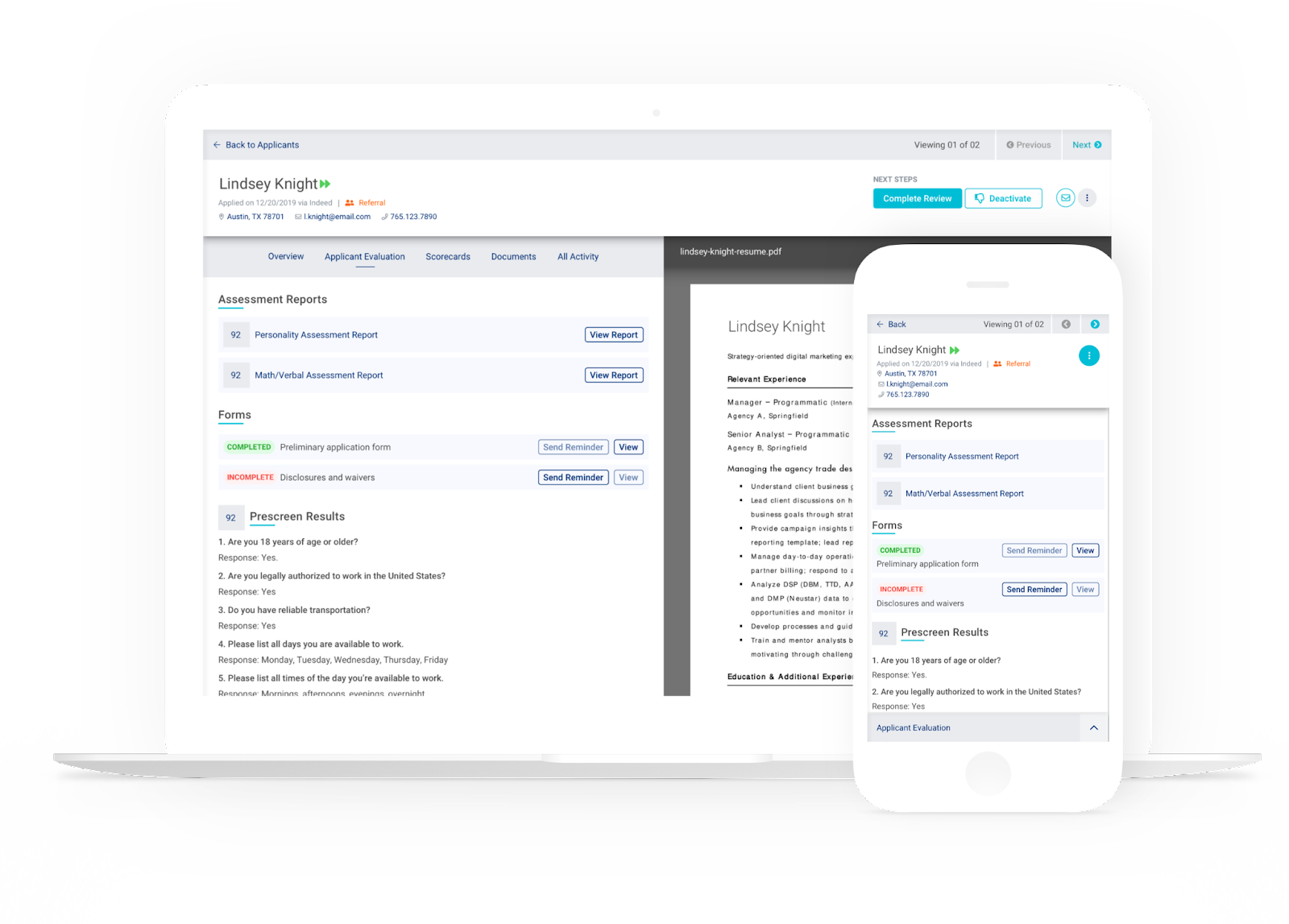 CareerPlug applicant profile showing assessment reports, forms and prescreen results on desktop and mobile