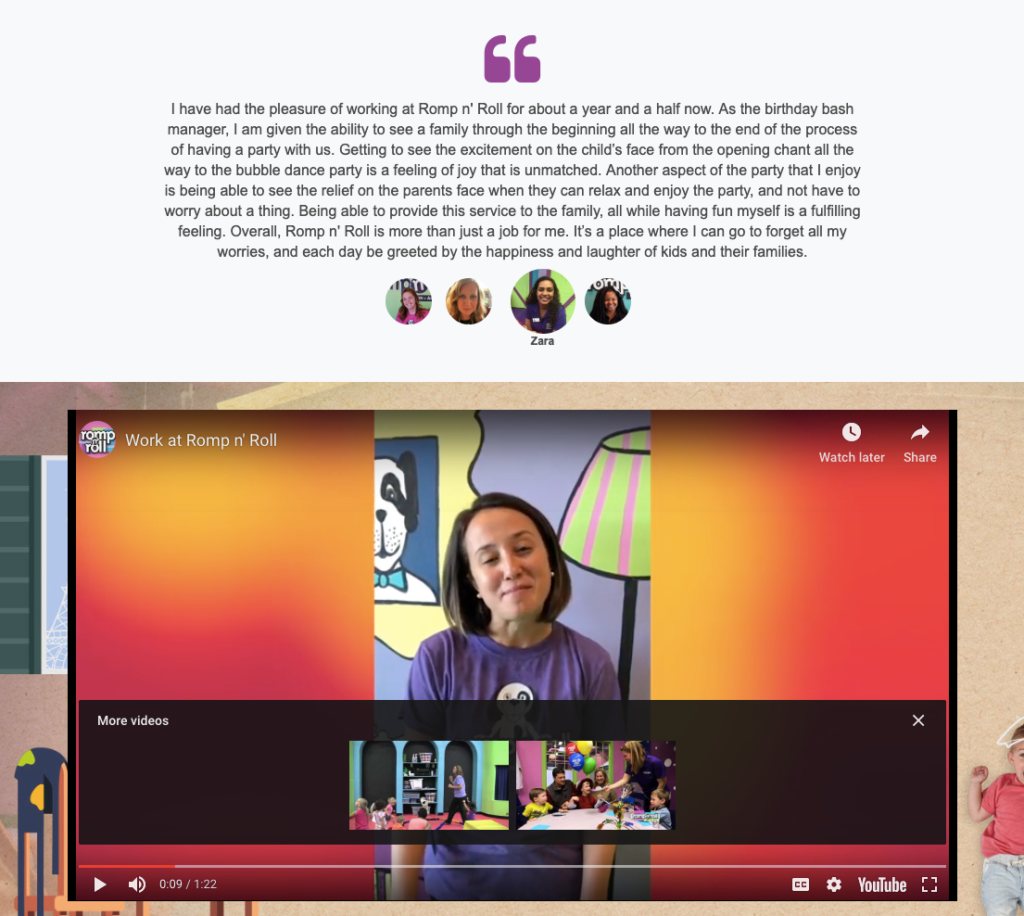 Romp n' Roll careers page with an employee testimonial and a Work at Romp n' Roll video