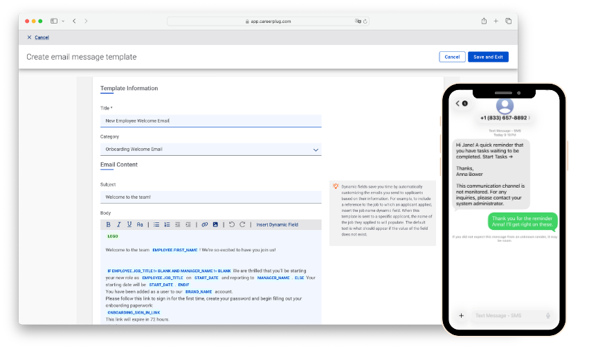 Customizable Welcome Email for new hires and texting for task reminders