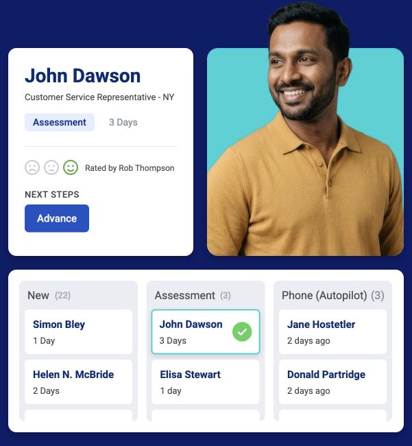 John Dawson advances through New, Assessment and Phone on the CareerPlug applicant board.