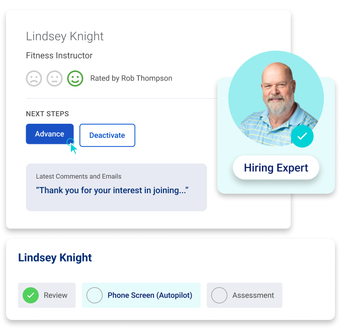 A CareerPlug Hiring Expert guides advancing an applicant to the next hiring step.