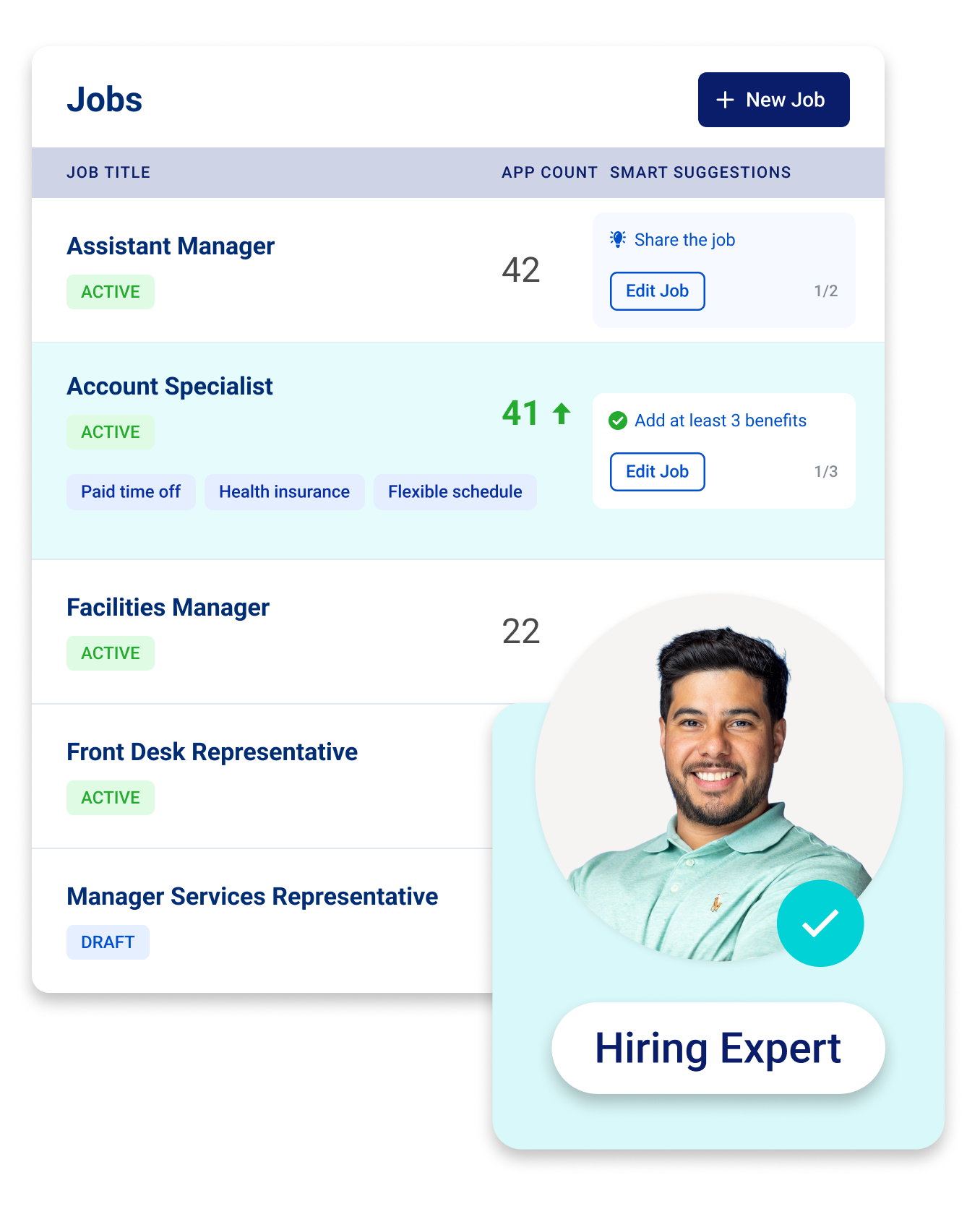A CareerPlug Hiring Expert helps apply a Smart Suggestion to add job benefits, increasing the applicant count.